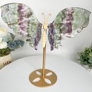 Feather Fluorite Butterfly Wings: Hand-Carved Crystal Decor + Stand