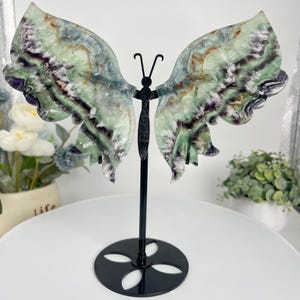 Feather Fluorite Butterfly Wings: Hand-Carved Crystal Healing Decor + Free Stand