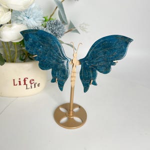 Hand-Carved Blue Apatite Crystal Butterfly Wings: Healing Energy Decor
