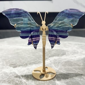 Rainbow Fluorite Crystal Butterfly Wings: Hand-Carved Healing Decor