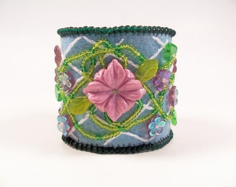 Lattice Flower Embroidery Cuff Bracelet, Beading Tutorial in PDF