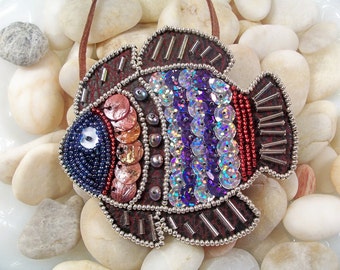 Tropical Fish Necklace or Pin Pattern, Beaded Embroidery Tutorial in PDF