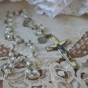 Old rosary, vintage rosary, iridescent rosary, glass rosary, old white rosary, old christian rosary, catholic rosary, old christian rosary