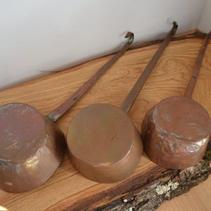 Set of vintage copper pans, vintage copper pot, old copper pan, hammered copper pot, small copper pots, pan, old copper cookware, copper pan