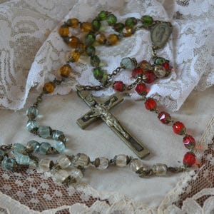 Antique rosary, old  glass rosary, old white rosary, old christian rosary, colored glass rosary, old catholic rosary, old christian rosary