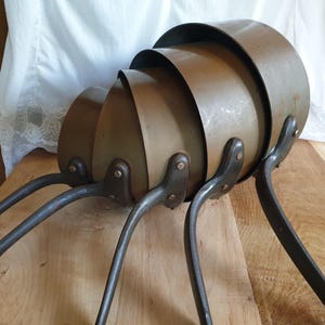 Set of 5 vintage copper pots, vintage copper pot, old copper pan, hammered copper pot, big copper pots, pan, old copper cookware, copper pan