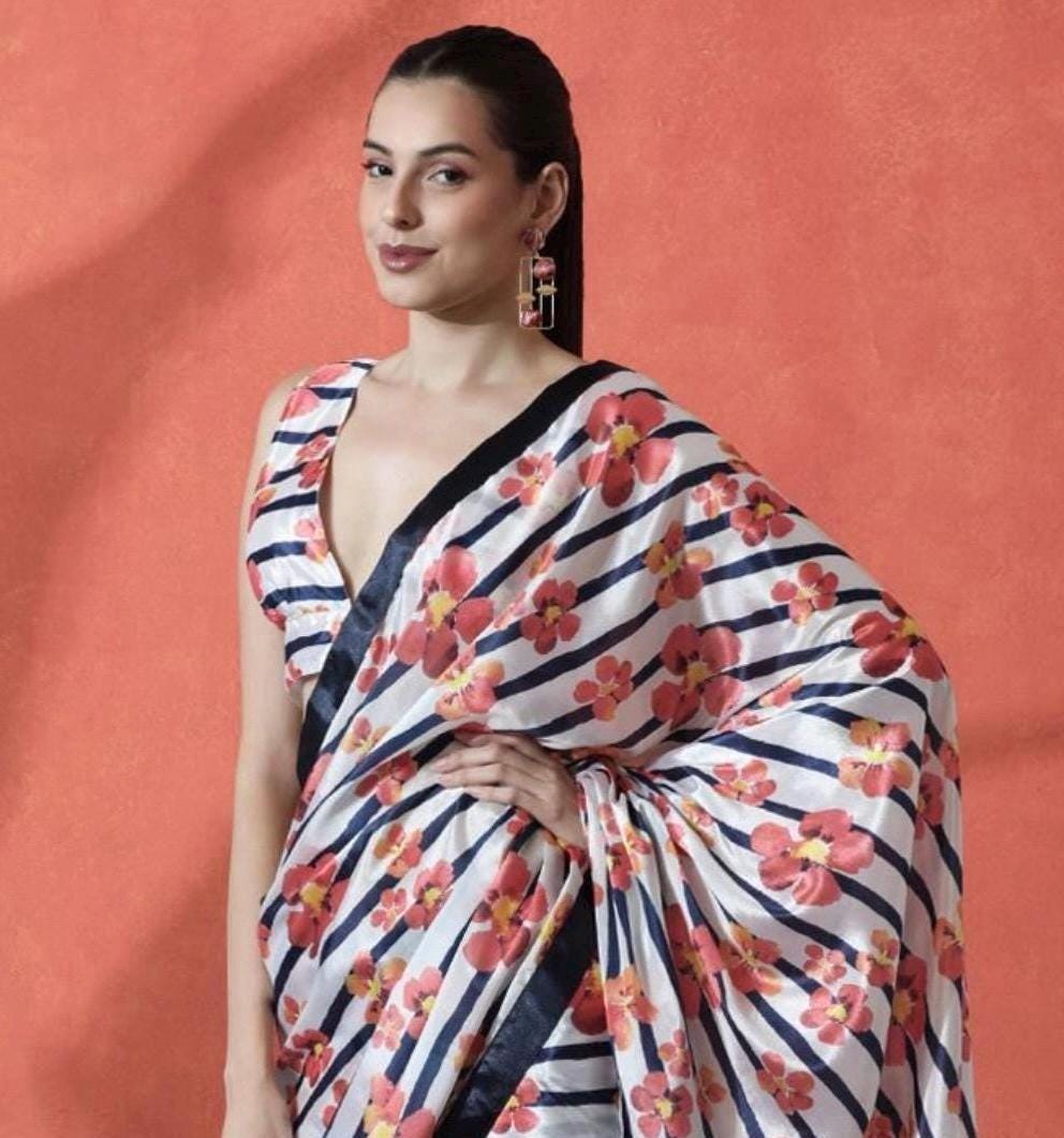 Women Ready to Wear Floral Satin Saree with pre stitched pleats paired with stretchable readymade blouse