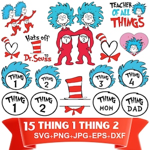 Puede incluir: Un conjunto de 15 archivos de corte digital con Thing 1 y Thing 2 del libro de Dr. Seuss, "El gato en el sombrero". Los archivos incluyen varios diseños, como los personajes de Thing 1 y Thing 2, sombreros, corazones y texto que dice "Hats off to Dr. Seuss" y "Teacher of all things". Los archivos están disponibles en los formatos SVG, PNG, JPG, EPS y DXF.
