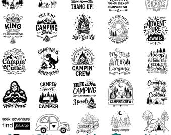 Pacote com 50 arquivos SVG para camping, incluindo trilhas, vida de campista, aventura, fogueira, aventura ao ar livre e trailers de camping. Compatível com Cricut e Silhouette.