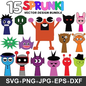 May include: A set of 15 colorful cartoon character illustrations, each with a unique design. The characters are all different colors and have different facial expressions. The illustrations are perfect for use in a variety of projects, such as t-shirt designs, stickers, and social media graphics.  "15 SPRUNKI VECTOR DESIGN BUNDLE" is written at the top of the image.