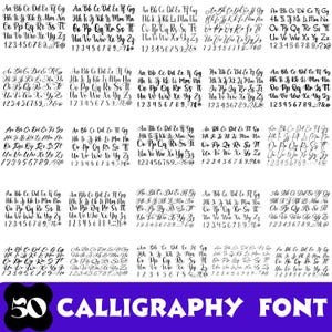 Könnte beinhalten: Eine Sammlung von 50 Kalligraphie-Schriftarten in Schwarz, die verschiedene Stile und Designs zeigen. Jede Schriftart enthält Groß- und Kleinbuchstaben, Zahlen und Symbole, mit dem Text "50 CALLIGRAPHY FONT" unten.