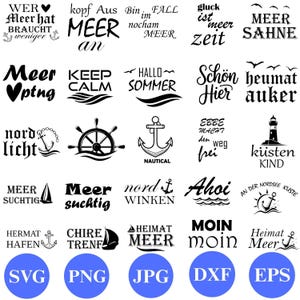 Puede incluir: Una colección de diseños náuticos en blanco y negro, que incluyen anclas, veleros y frases como "Keep Calm" y "Hello Summer". La imagen también presenta etiquetas de tipo de archivo: SVG, PNG, JPG, DXF y EPS.