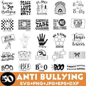Puede incluir: Colección de 50 diseños contra el acoso escolar en formatos SVG, PNG, JPG, EPS y DXF. Los diseños presentan mensajes positivos como "La bondad importa" y "Di no al acoso". Los diseños incluyen gráficos de un arcoíris, una mano y un dinosaurio.