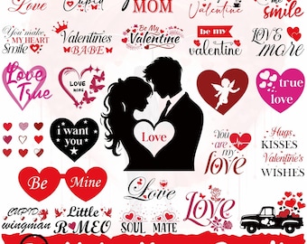 Pacote com 50 arquivos SVG para o Dia dos Namorados, incluindo frases de amor com corações, ideias românticas, amor para casamento, arquivos de corte para Cricut, camisetas, cartões e presentes para o Dia dos Namorados.