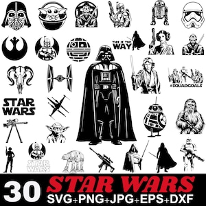 30 スターウォーズ デザイン SVG、スターウォーズ ロゴ SVG、スターウォーズ クリップアート、スターウォーズ カットファイル、ダースベイダー、ヨーダ SVG、スターウォーズ マンダロリアン シンボル