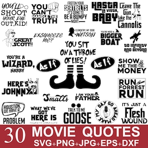 Puede incluir: Un diseño gráfico en blanco y negro con 30 citas de películas. Las citas se muestran en una cuadrícula con fondo negro y texto blanco. Las citas incluyen frases populares de películas como "Eres un mago, Harry", "Aquí está Johnny", "Houston, tenemos un problema", "Soy tu padre", "Muéstrame el dinero" y "Corre, Forrest, corre".