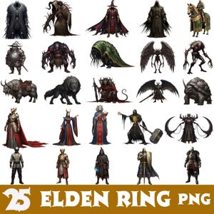 Puede incluir: Una colección de 25 imágenes PNG de Elden Ring con varios personajes y criaturas de fantasía. Las imágenes muestran ilustraciones detalladas de guerreros, monstruos y hechiceros en una variedad de poses y atuendos, con una pancarta de texto marrón en la parte inferior.