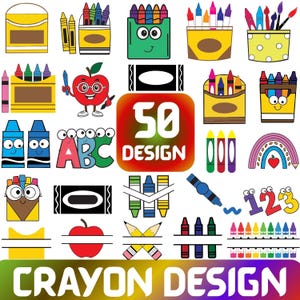 Peut inclure: Une collection de motifs de crayons de couleur colorés, comprenant des crayons dans des contenants, des personnages de dessins animés souriants, une pomme et le texte "50 DESIGN". Le bas de l'image indique "CRAYON DESIGN".