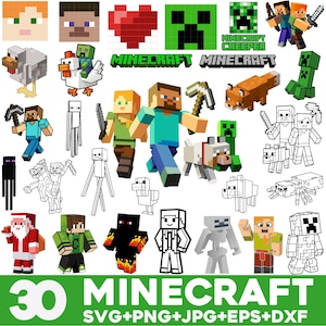 May include: A collection of 30 Minecraft-themed graphics, including characters, creatures, and logos. The images feature pixelated designs in various colors, with the word "MINECRAFT" prominently displayed. Formats include SVG, PNG, JPG, EPS, and DXF.