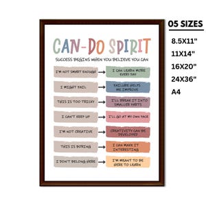 May include: A printable poster with the text "CAN-DO SPIRIT" and a list of positive affirmations for overcoming negative thoughts. The poster is designed in a minimalist style with a colorful background and white text.