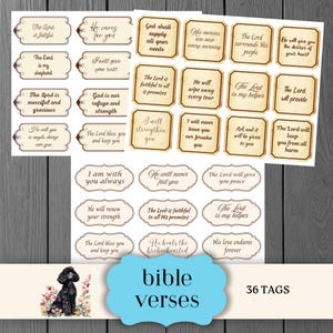 May include: A collection of 36 tags with inspirational Bible verses in various shapes and sizes. The tags feature phrases like "The Lord is my shepherd" and "I will strengthen you." A blue cloud-shaped graphic reads "bible verses."