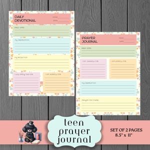 May include: Two-page teen prayer journal set, each 8.5" x 11". The pages have a floral border and pastel color blocks for prompts like "Bible Verse" and "My Reflection." The journal includes a "Daily Devotional" and a "Prayer Journal."