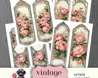 Shabby Chic Pink Rose Tags, Floral Ephemera, Cottagecore Cards, Vintage Style