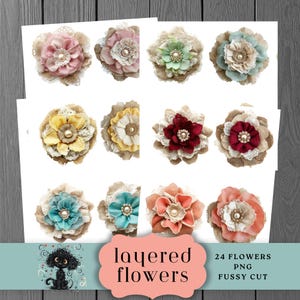 Cluster Shabby Chic Flowers, Floral Collage, Fussy Cut Ephemera, Burlap, Lace & Pearl Embellishments