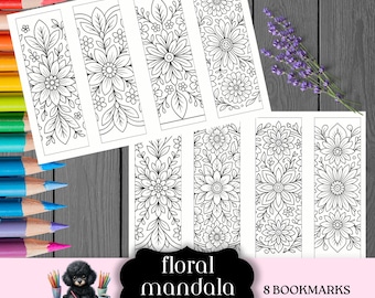 May include: Eight rectangular bookmarks featuring black and white line art of floral and mandala patterns. The set includes various botanical designs with flowers and leaves. A black label with white text reads floral mandala 1 8 BOOKMARKS.