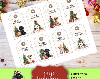 Pup Happy Holidays Gift Tags, Printable Digital Download, Christmas Gift Wrapping, Junk Journal Ephemera