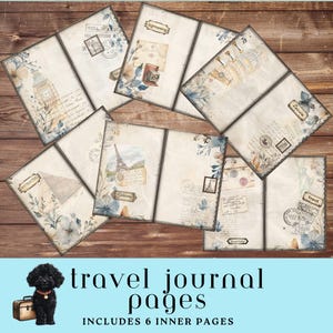 Páginas de diario de viaje, estilo vintage, lugares emblemáticos, fondo azul, recuerdos de vacaciones, descargas digitales, elementos con temática parisina