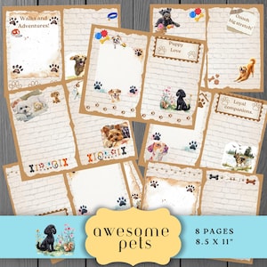 Dog Junk Journal Pages, Eight Pet Journal Inserts, Furry Friends Scrapbook Kit, Canine Theme