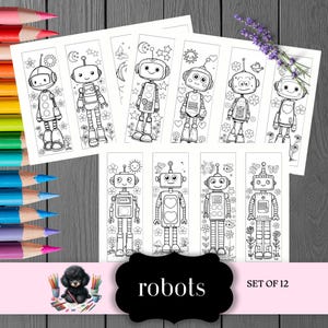 Marcapáginas para colorear de robots espaciales imprimibles, marcapáginas para niños para que los coloreen ellos mismos.