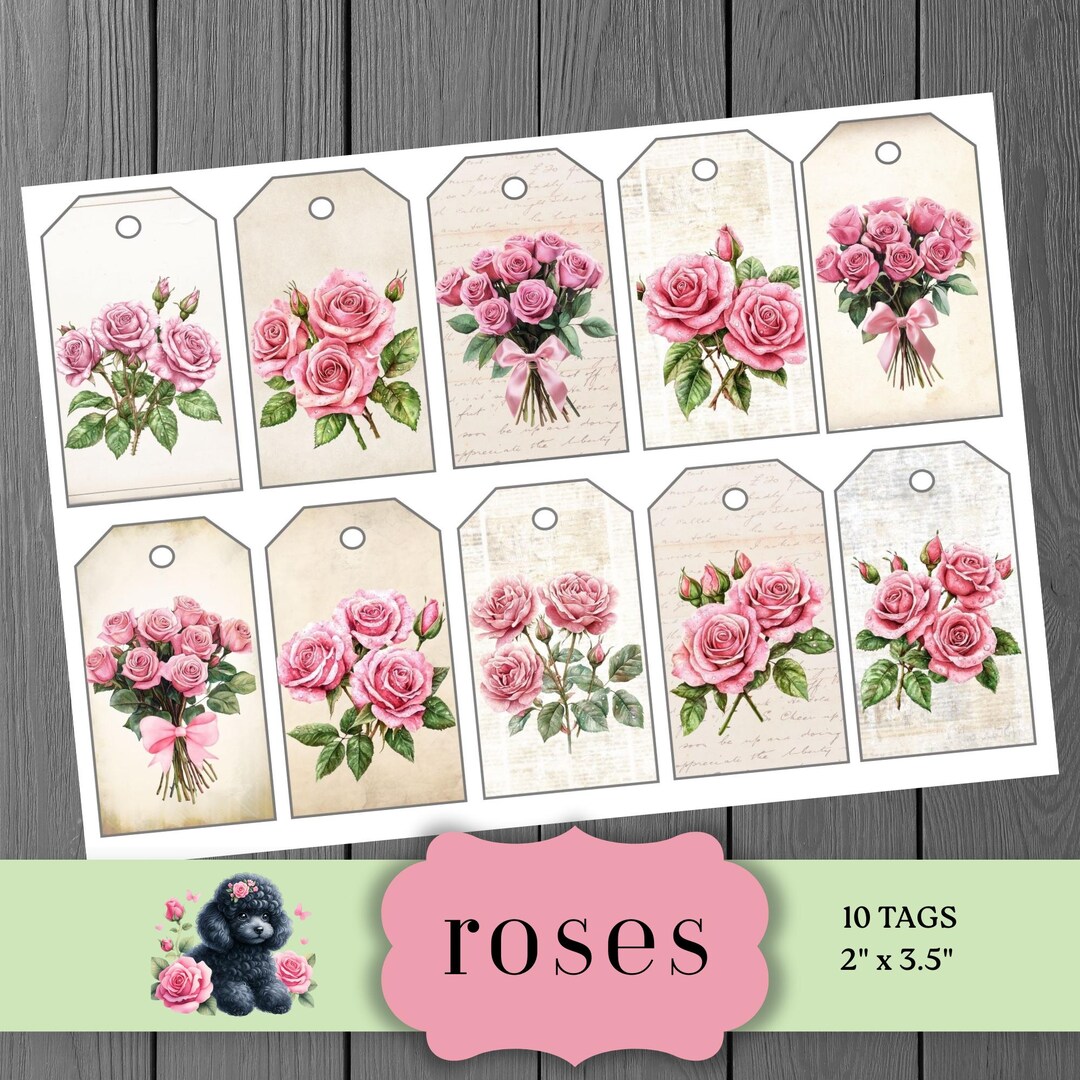 Shabby Chic Rose Gift Tags, Printable Floral Ephemera, Vintage, Digital ...