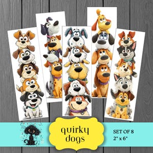 May include: A set of eight quirky dog bookmarks, each with a stack of cartoon dogs in different breeds and colours. The bookmarks measure 5 cm by 15 cm.