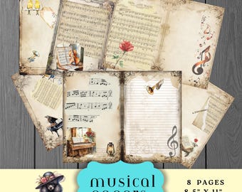 Könnte beinhalten: Eine Sammlung von acht Musikpapieren im Vintage-Stil, jeweils 8,5" x 11" (ca. 21,6 x 27,9 cm), mit Noten, Musikinstrumenten und dekorativen Elementen. Die Papiere haben einen Sepia-Ton und sind mit Illustrationen von Vögeln, Rosen und Noten verziert.