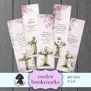 Könnte beinhalten: Set mit acht Oster-Lesezeichen, jeweils 5 cm x 15 cm, mit floralen und Kreuz-Designs und religiösen Zitaten. Die Lesezeichen haben eine weiche, pastellfarbene Farbpalette und eine Vintage-Ästhetik. Der Text enthält Bibelverse.