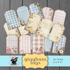 May include: A collection of 18 decorative tags, each measuring 2.5 x 4 inches, with a variety of gingham patterns in pastel colors. Some tags feature floral accents, including roses and wildflowers. The words "gingham tags" are displayed on a yellow banner.