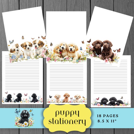 Puppy Stationery Set, Dog Letter Writing Papers, Lined and Unlined, Pet Lover, 8.5” x 11”