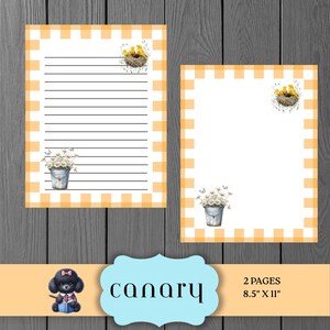 Canary Bird Nest Stationery, Gingham Daisies Letter Writing Sheets, Botanical Printable Pages