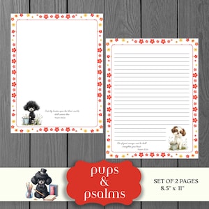 May include: A set of two A4 lined and unlined pages with floral borders and dog illustrations. The pages feature Bible verses and the text "pups & psalms".