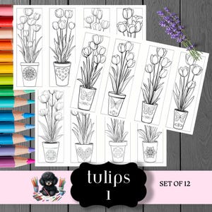 Tulips Printable Coloring Bookmarks, Easter Color Your Own,  Flower Pots and Florals, PDF