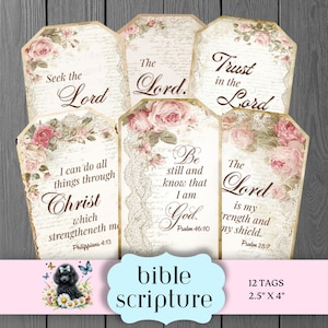 May include: Set of 12 vintage-style Bible scripture tags. Each tag features floral accents, lace details, and inspirational quotes. The tags are approximately 2.5 inches by 4 inches.