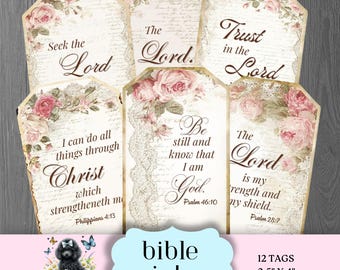 Bible Verse Floral Tags Printable, Shabby Chic Rose & Lace, Scripture Cards, Junk Journal Ephemera