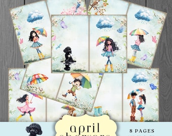 April Showers Journal Pages, Whimsical Scrapbooking Kit, Kids, Rain and Umbrella