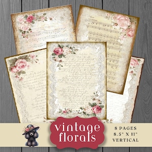 May include: A collection of vintage floral papers with a distressed, aged appearance. Each page features floral arrangements of pink and white roses, lace trim, and handwritten text. The papers are 8.5" x 11" and vertical.