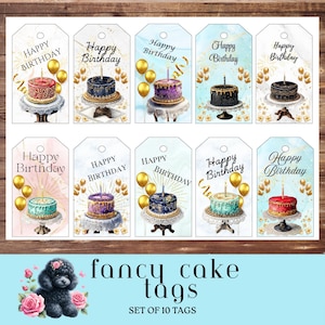 Puede incluir: Conjunto de 10 etiquetas de regalo de cumpleaños con ilustraciones de acuarela de pasteles, velas y globos, con las palabras "Happy Birthday". Cada etiqueta presenta un diseño de pastel único con detalles dorados, sobre soportes decorativos. Las etiquetas son rectangulares.