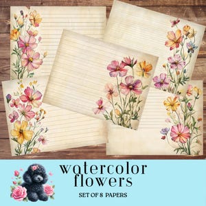 Watercolor Wildflowers Junk Journal Pages, Set of 8 Vintage Notebook Background, Digital Collage Sheets for Junk Journaling and Crafting