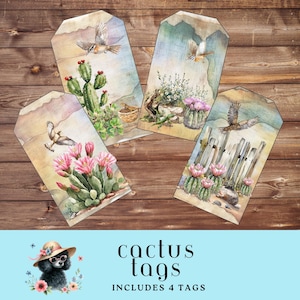 Etiquettes à cadeaux imprimables cactus, étiquettes chic du désert, étiquettes florales, oiseaux, cactus, plantes succulentes, étiquettes de 3,5 x 6 pouces, étiquettes de style sud-ouest, lot de 4