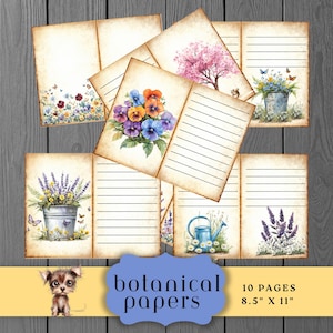 Botanical Lined Junk Journal Papers, Vintage Floral Printables, Nature Plants Themed